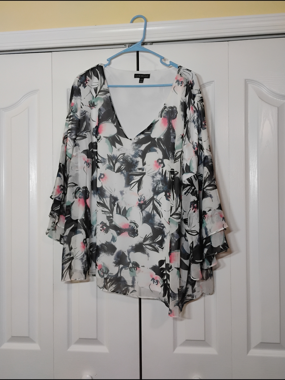 Lane Bryant White Floral V-Neck Sheer Layered Sleeve Tunic with Pink Accents